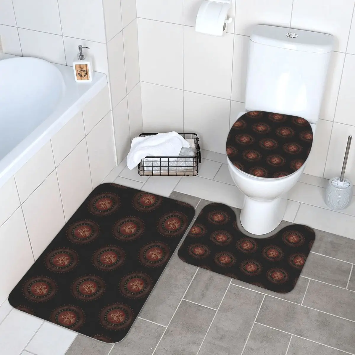 

Tree Of Life With Triquetra Black Red Leather And Gold 3 Pcs Bath Mat Bathroom Set Toilet Lid Cover Non-Slip Carpet Floor Rug