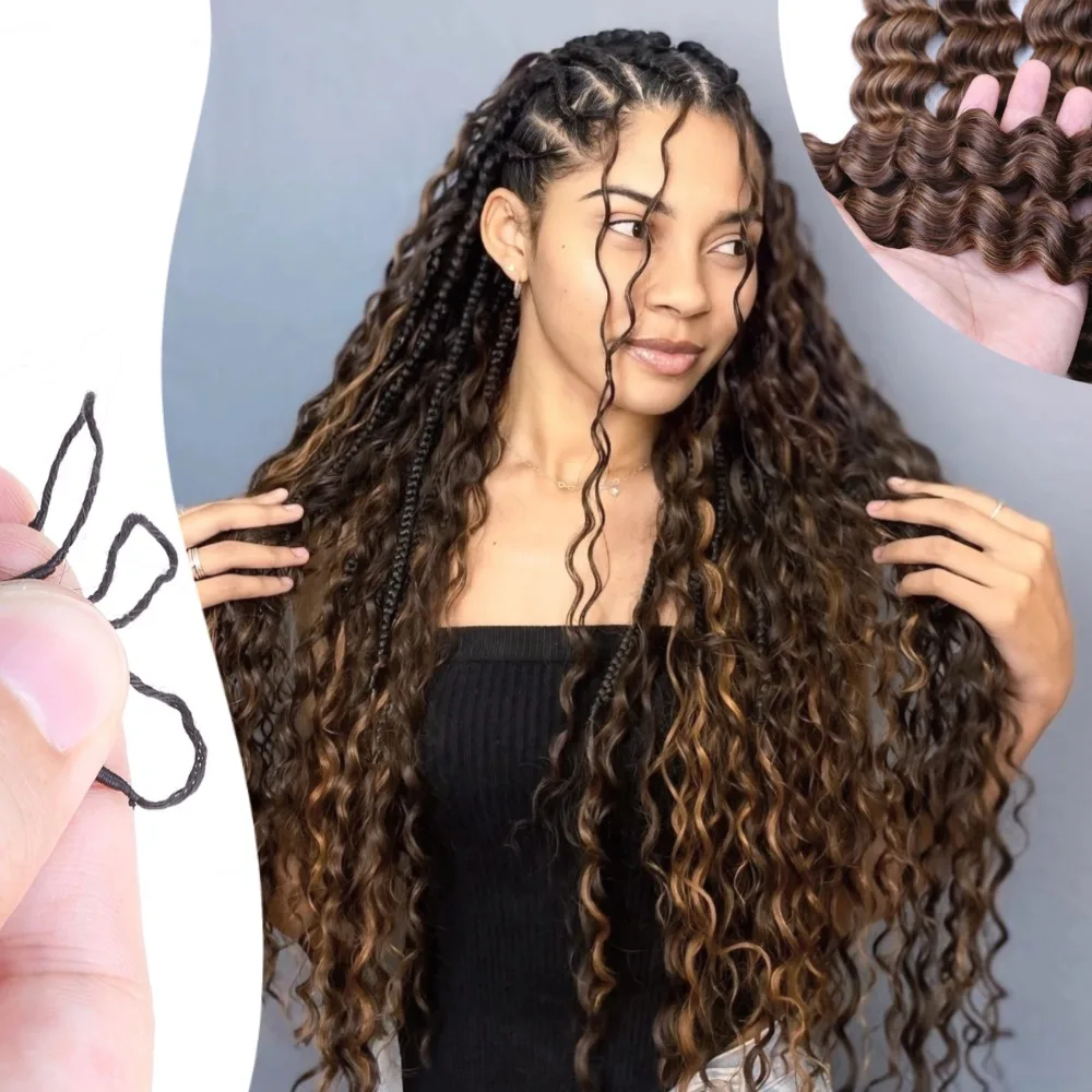 Deep Wave Feather Crochet Boho Braids Human Hair Extensions #4/27 Highlight Colored Pre-Separated Invisible Miracle Knots Crochet Hair 100% Raw Vietnamese Human Hair for Braiding Soft Fluffy Lightweight for Women Daily Wear