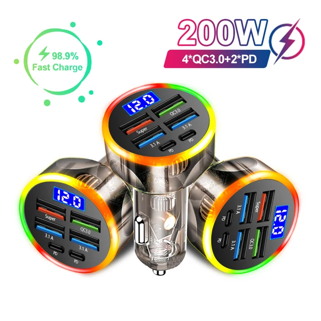 Ładowarka samochodowa 200 W QC3.0 Type-C Quick Charge Transparent Case PD do iPhone 15 14 13 12 Xiaomi Poco Samsung Szybka ładowarka Ładowanie