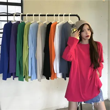 Loose Women T-shirt Simple Chic Long Sleeve Solid Sweet Candy Colors Top Black Grey Yellow White Orange Blue Pink Casual Stye