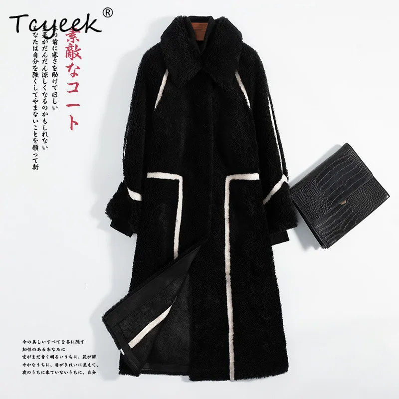 Tcyeek couche supérieure en peau de mouton automne hiver fourrure haut de gamme intégré col carré longueur moyenne femmes manteau de fourrure Fourrures Femme