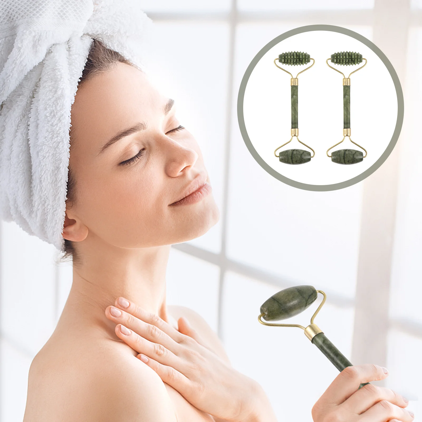 2Pcs Premium Jade Roller Facial Massager Gua Sha Tool for with Cream Absorption Cooling Relaxing Long Lasting Easy