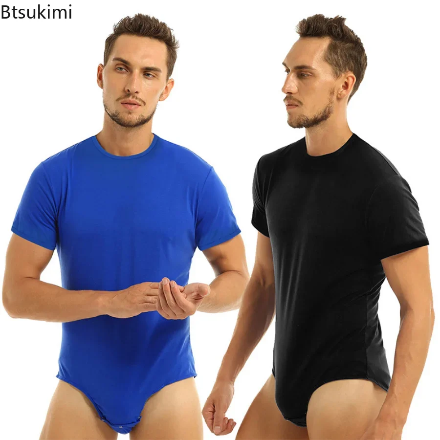 2024 Men’s Adults One Piece Jumpsuit Thong Lingerie Short Sleeves Press Crotch Cotton T-shirt Leotard Bodysuit Romper Pajamas