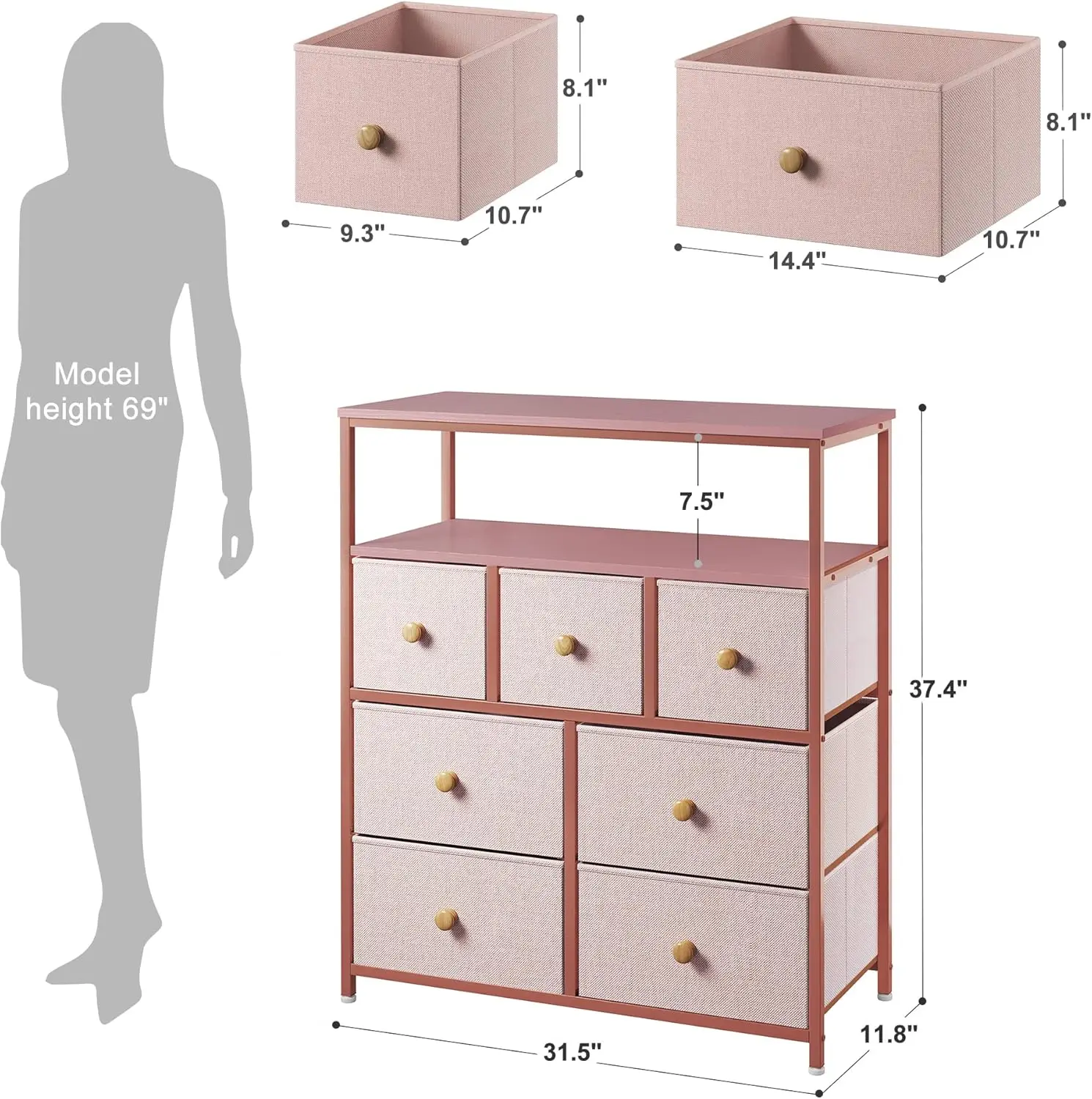 Cómoda rosa para dormitorio, cómoda para niñas con 7 cajones y 2 estantes, cómoda de tela y cómoda para habitación de niñas, C