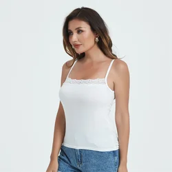 Camiseta sin mangas de algodón para mujer, ropa informal de encaje, Sexy, de calle, Color sólido, B3008