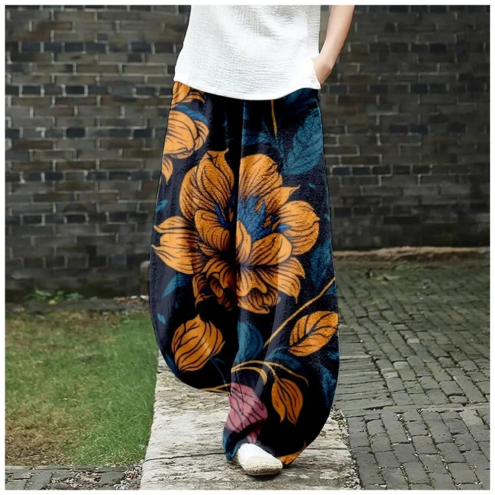 

Plum Blossom Japanese Lino Art Flowy Wide Leg Pants Loose Casual Pants Harajuku Floral Lantern Trousers Women Elegent Boho Pants