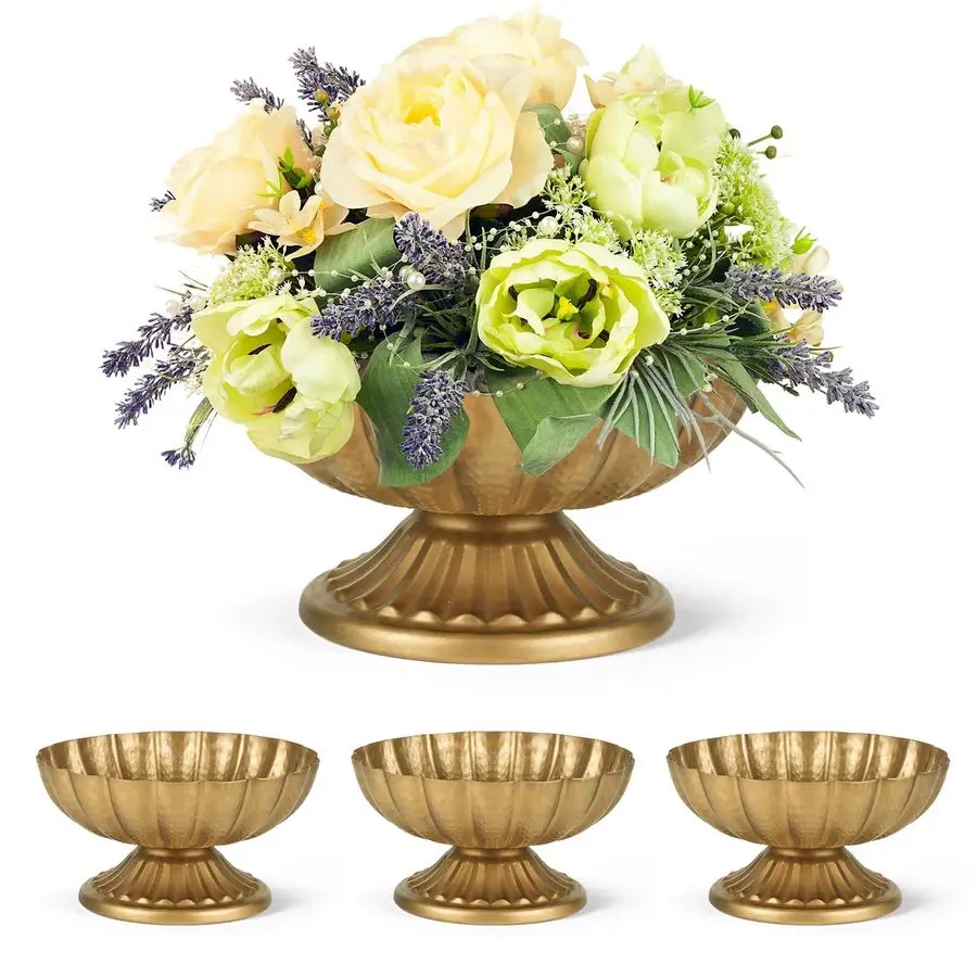 

of 4, 7 Wide 3.94 High Distressed Gold Compote Pedestal Vases, Vintage Antique Urn Gold Flower vases for Centerpieces, Metal Com