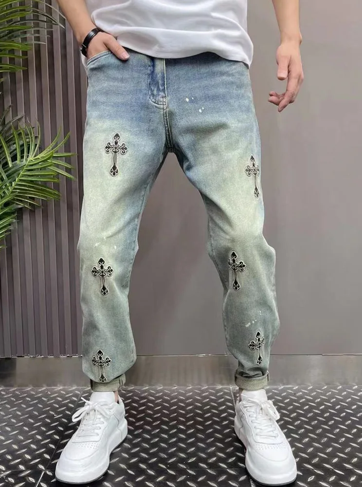 

Мужские джинсы узкого кроя с синей вышивкой в стиле ретро, модные повседневные длинные брюки в стиле Харадзюку, молодежная энергетическая одежда, летняя коллекция