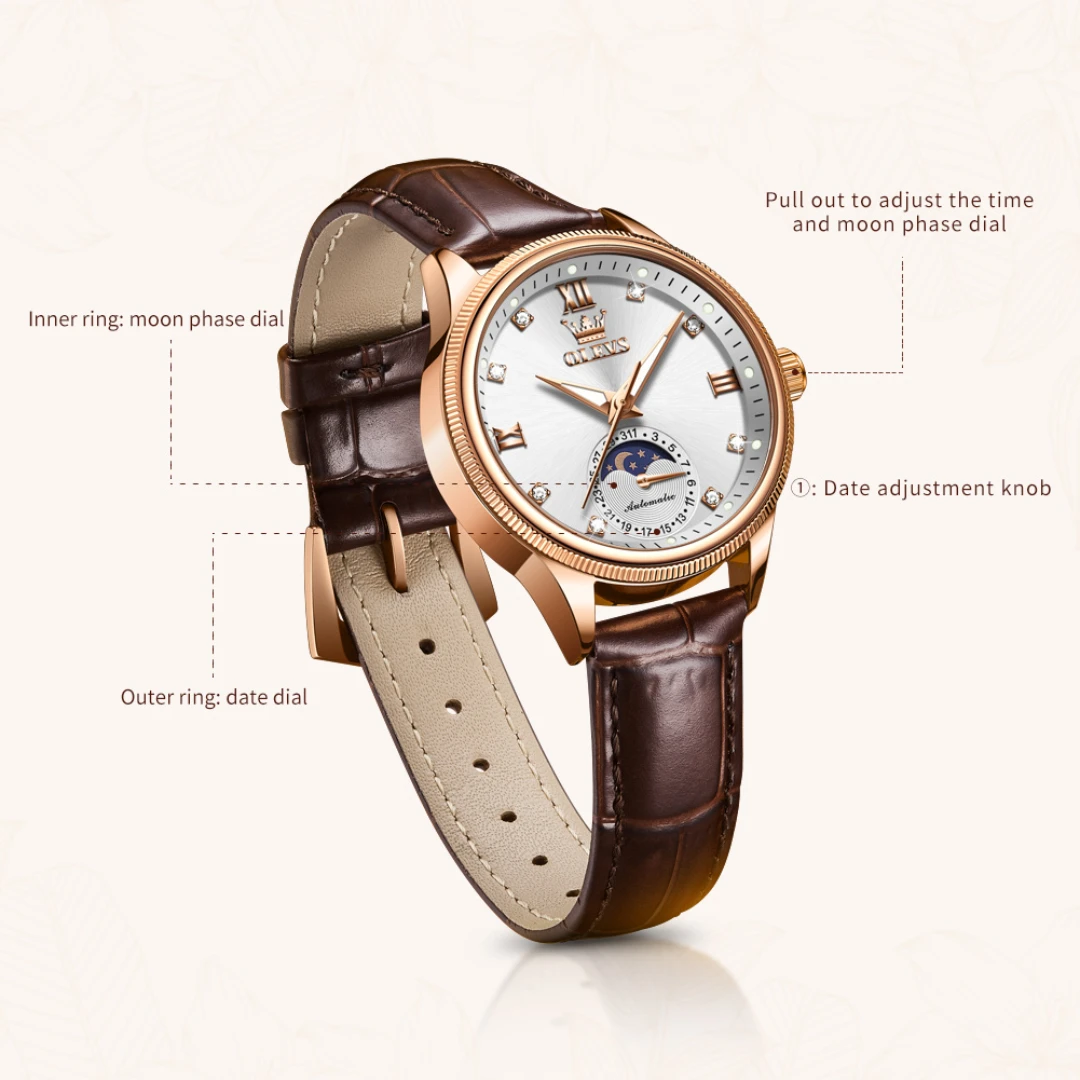 OLEVS 7039 Jam Tangan Mekanis Modis Hadiah Jam Tangan Gelang Kulit Asli Dial Bulat Bercahaya