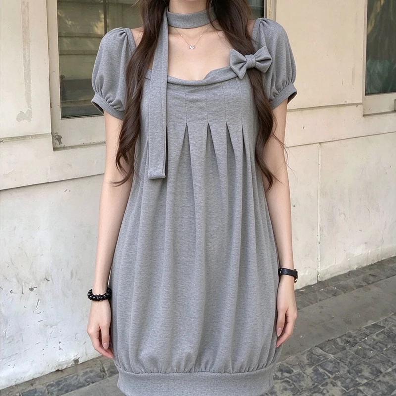 European and American Early Autumn Gray Halter Lace-up Idle Style Puff Sleeve Casual Joker Women T-shirt