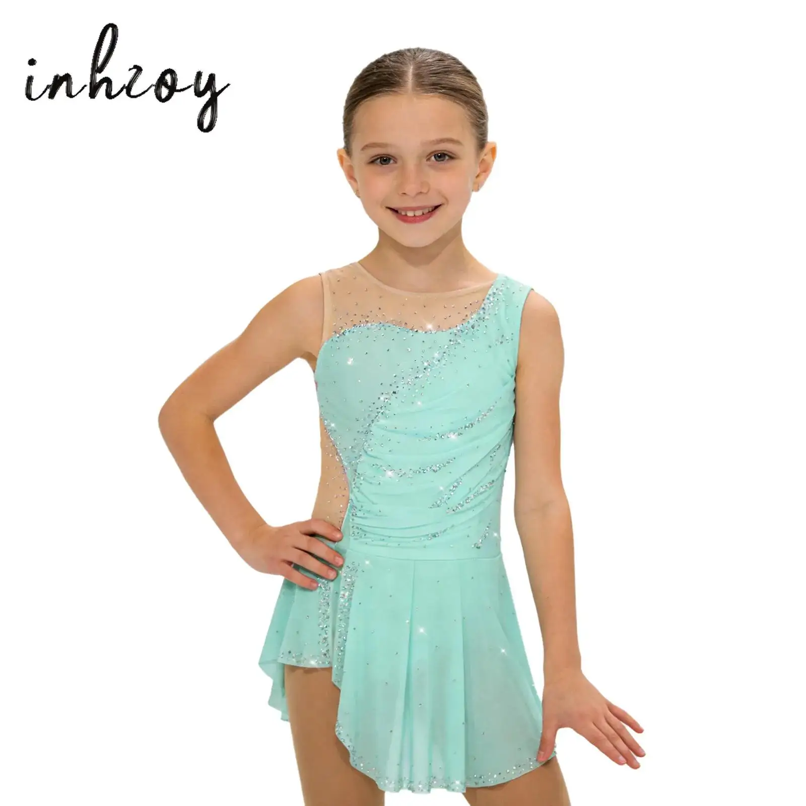 Kids Rhythmic Gymnastics Jersey Artistic Figure Skating Ballet Lyrical Dance Leotards Dress Sleeveless Ruched Rhinestone Dress