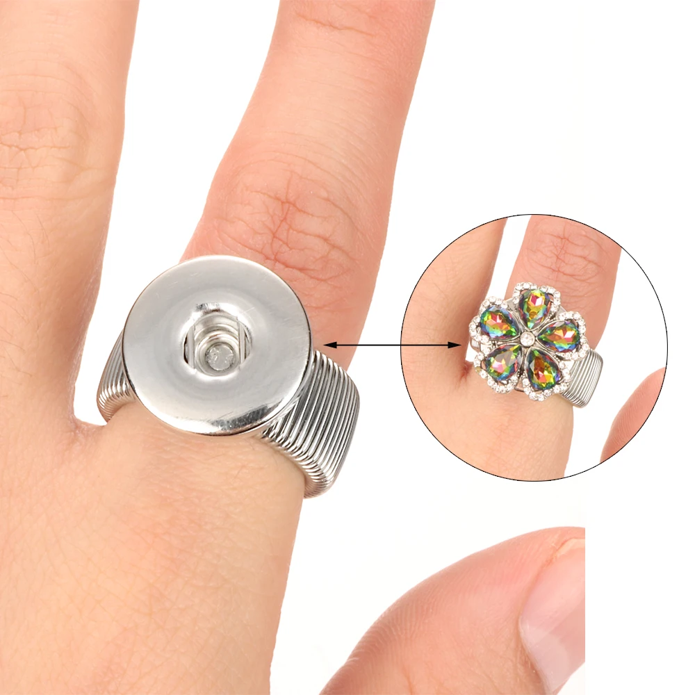 Free Size White Plated Metal Elastic Rings Fit 18mm Snaps Button Charm Jewelry For Women Men