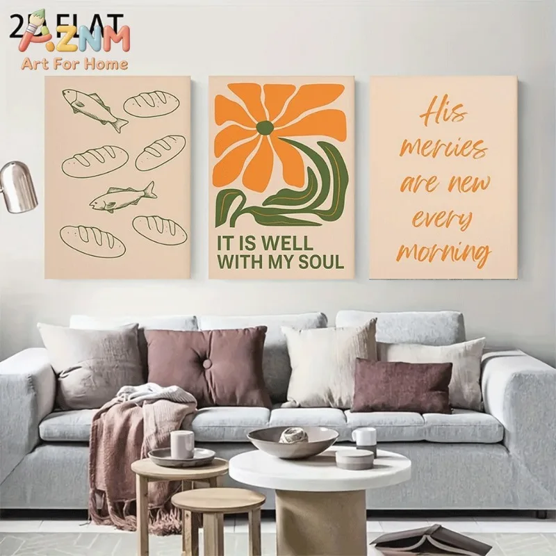 Unframed 3PCS Boho Christian Quote Canvas Wall Art Fish Bread Floral His Mercies Are New Every Morning Print Poster Home Living