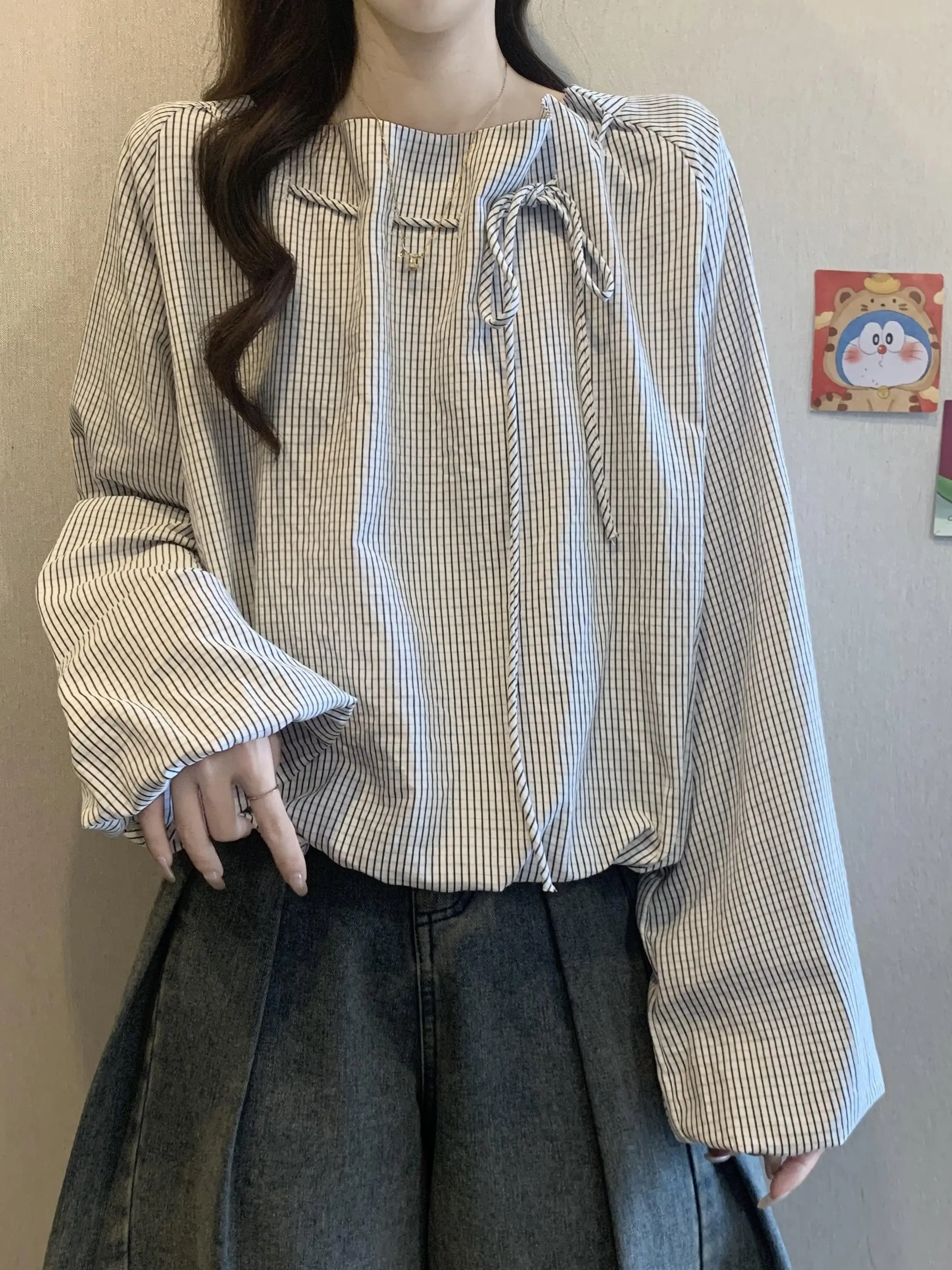 

plus Size Loose Striped Long Sleeve Shirt Women Early Autumn Fat MM Slimming Belly Covering Unique Design Waist-Cinching Shor...