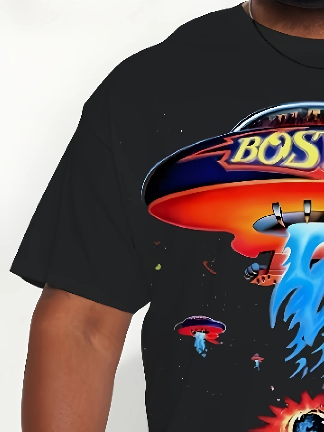 تي شيرت رجالي برسومات "بوسطن" UFO مقاس كبير - رقبة دائرية كاجوال، تصميم طباعة ثلاثي الأبعاد مع غريبة وسفينة فضاء، قابل للغسل في الغسالة