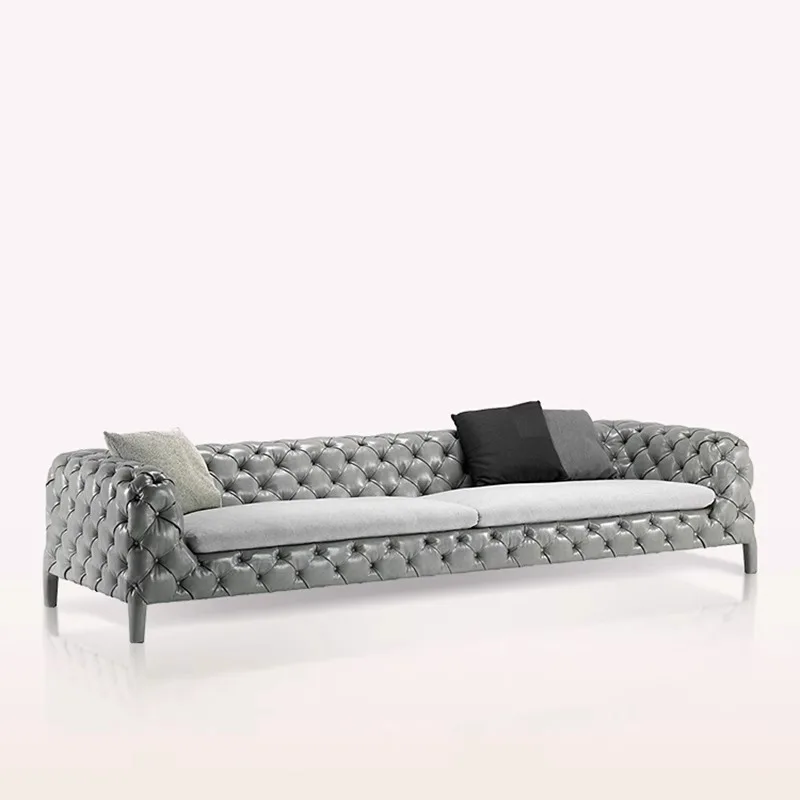 

Nordic light luxury leather sofa Italian minimalist cowhide living room small apartment straight row American buckle designer so