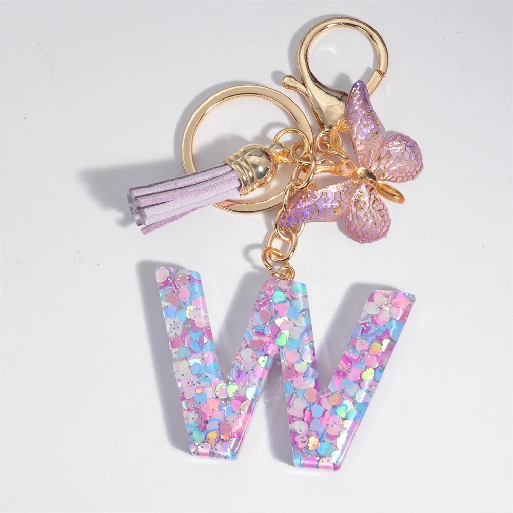 Fashion Tassel Butterfly 26Letter Keychain Colorful Love Heart Filled Resin Alphabet Keyring Women Girls Car Bag Phone Pendant