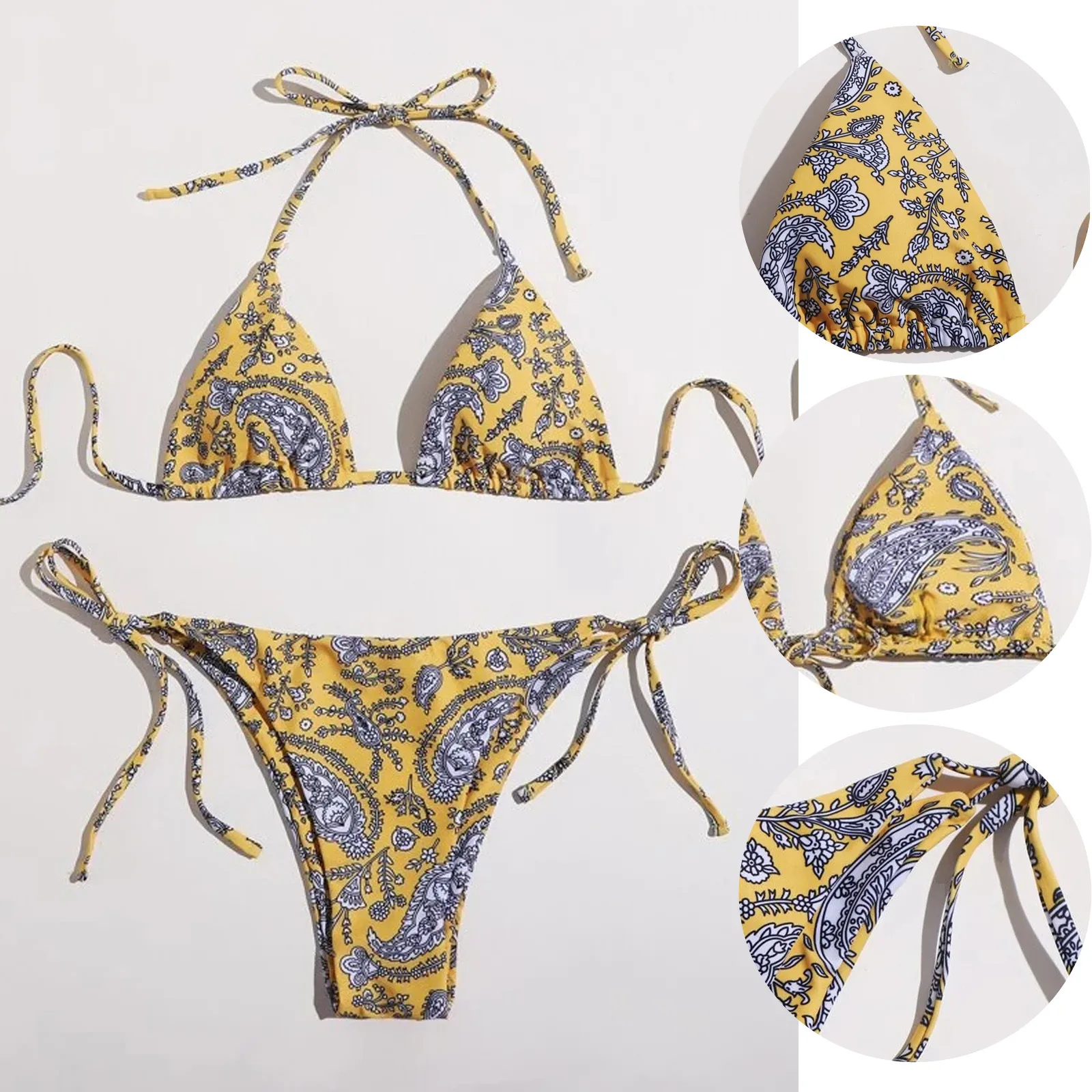 Ladies Female Sexy  Flower And Grass Print Three-point Split Bikini Swimsuit