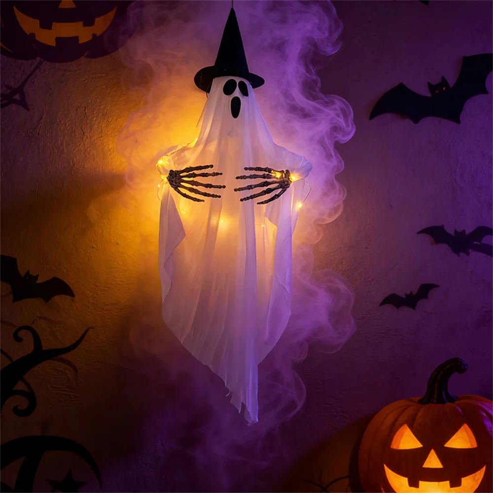 Ghost Lights Hanging Wizard Hat Ghost Creepy Decorative Halloween Ghost Pendant Spooky LED Ghosts Haunted House