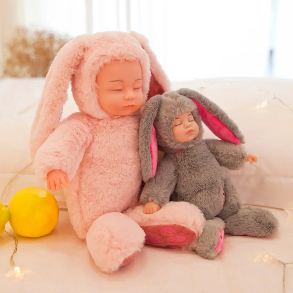 Soft Baby Doll with Bunny Clothes Long Ear Cute Sleeping Baby Dolls Stuffed Rabbit Toy Animated Plushie Birthday Gift for Kids