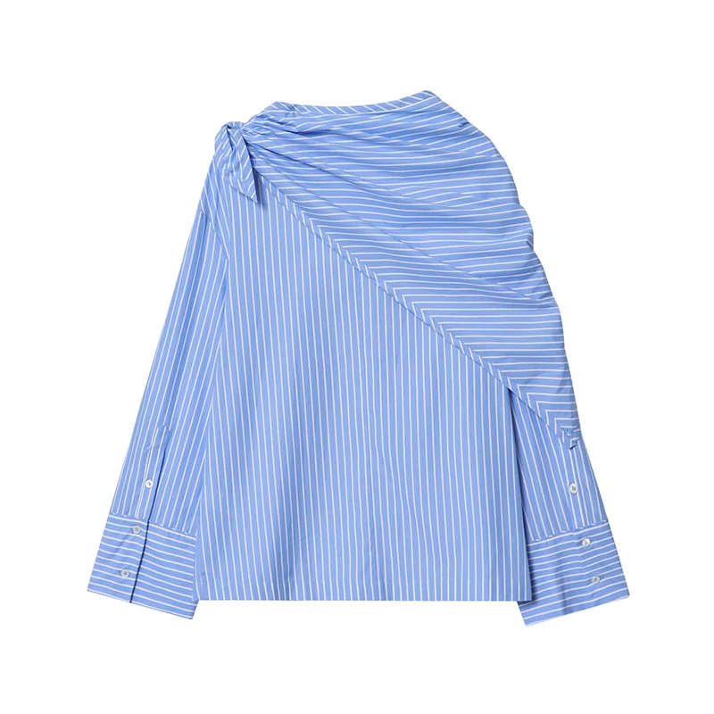 YENKYE 2025 moda mujer con bufanda camisa a rayas azules manga larga cuello redondo viaje versátil otoño blusa Tops