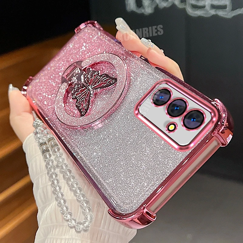 A 15 25 35 55 54 funda con cadena y soporte de mariposa para Samsung Galaxy A15 A25 A35 A55 A14 A24 A34 A54 cubierta con soporte chapado a prueba de golpes