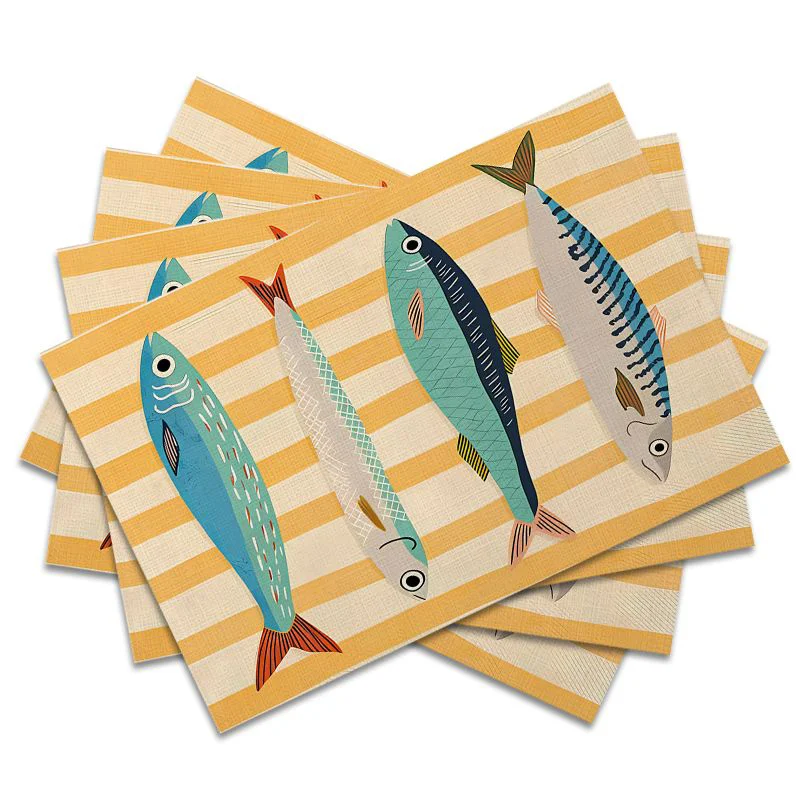 Yellow Striped and Blue Fish Collision Pattern Design Placemats Heat-resistant and Non-slip Ideal for Weddings