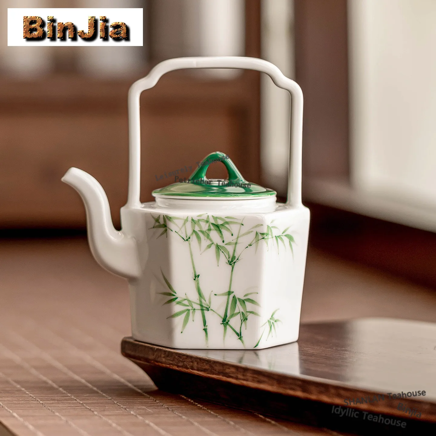 

131ml Hand-painted Green Bamboo Lifting Handle Pot Vintage Tea Infuser Pot And Hexagonal Pot Holder Tea Maker Kettle Cafes Gifts