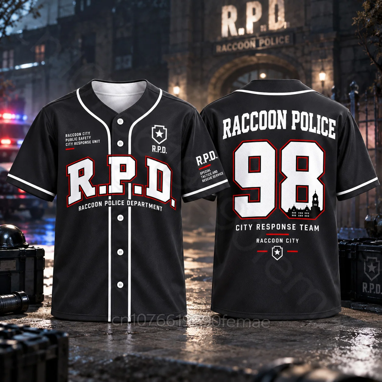 Resident Evil 2026 Raccoon City Police R.P.D. No.98 Baseball Jersey Women Men Black Short Sleeve Button Down Cosplay T-Shirt