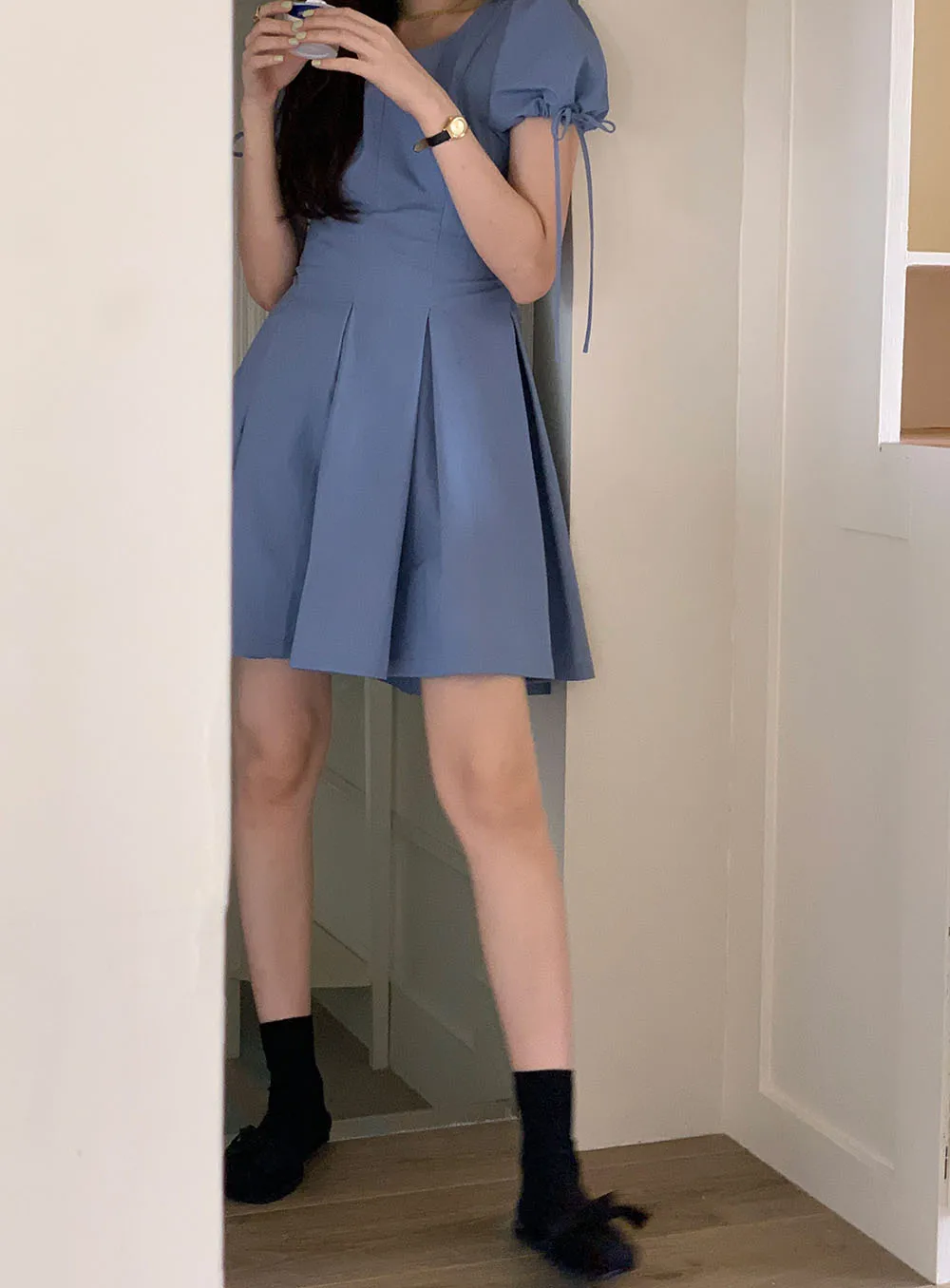 Vestido de manga bufante com cintura elástica e cadarço estilo coreano, vestido elegante feminino