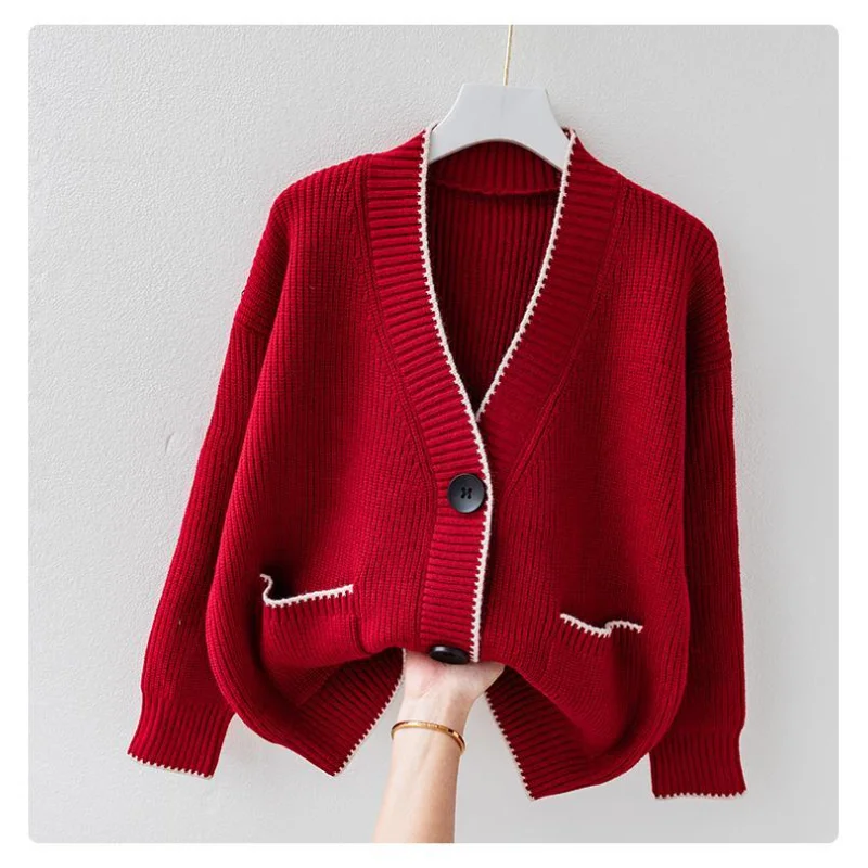 سترة محبوكة جديدة للنساء مع بلوزة بلون سادة فضفاضة وكسول #4