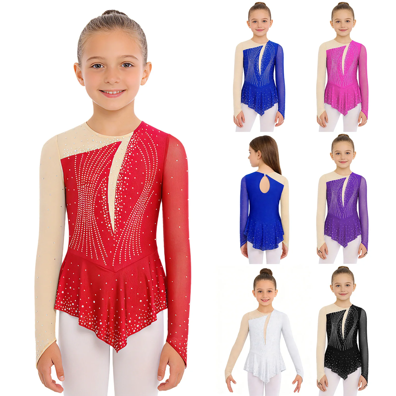 Kids Girls Figure Skating Dress Dance Jersey Ballet Modern Lyrical Dance Dress Sheer Mesh Long Sleeves Rhinestones Leotard Dress