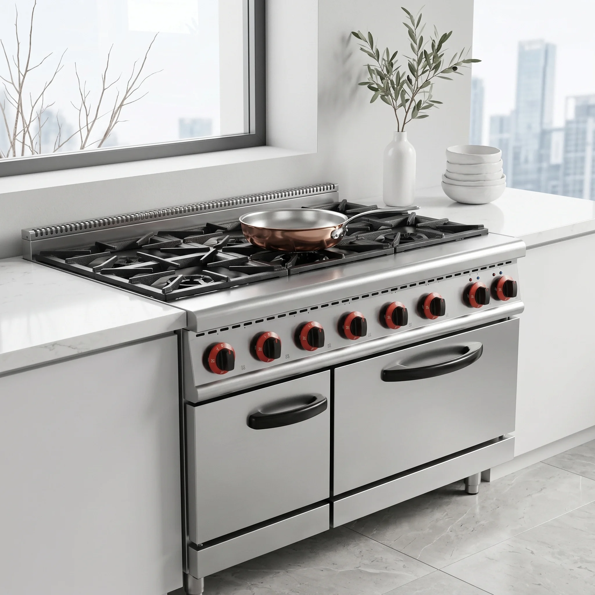 6 Burner Commercial Gas Stove With Oven Stainless Steel Restaurant Gas Range With Cabinet