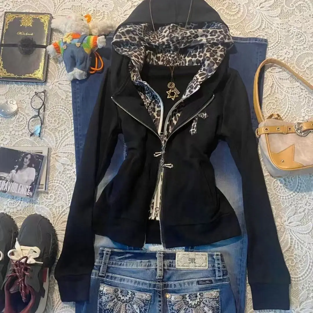 아메리칸 서브컬쳐 Y2k 페이크 투피스 후디 여성용 레오파드 스티칭 슬림 후드 빈티지 코트 봄 신상 지퍼 레트로 의류