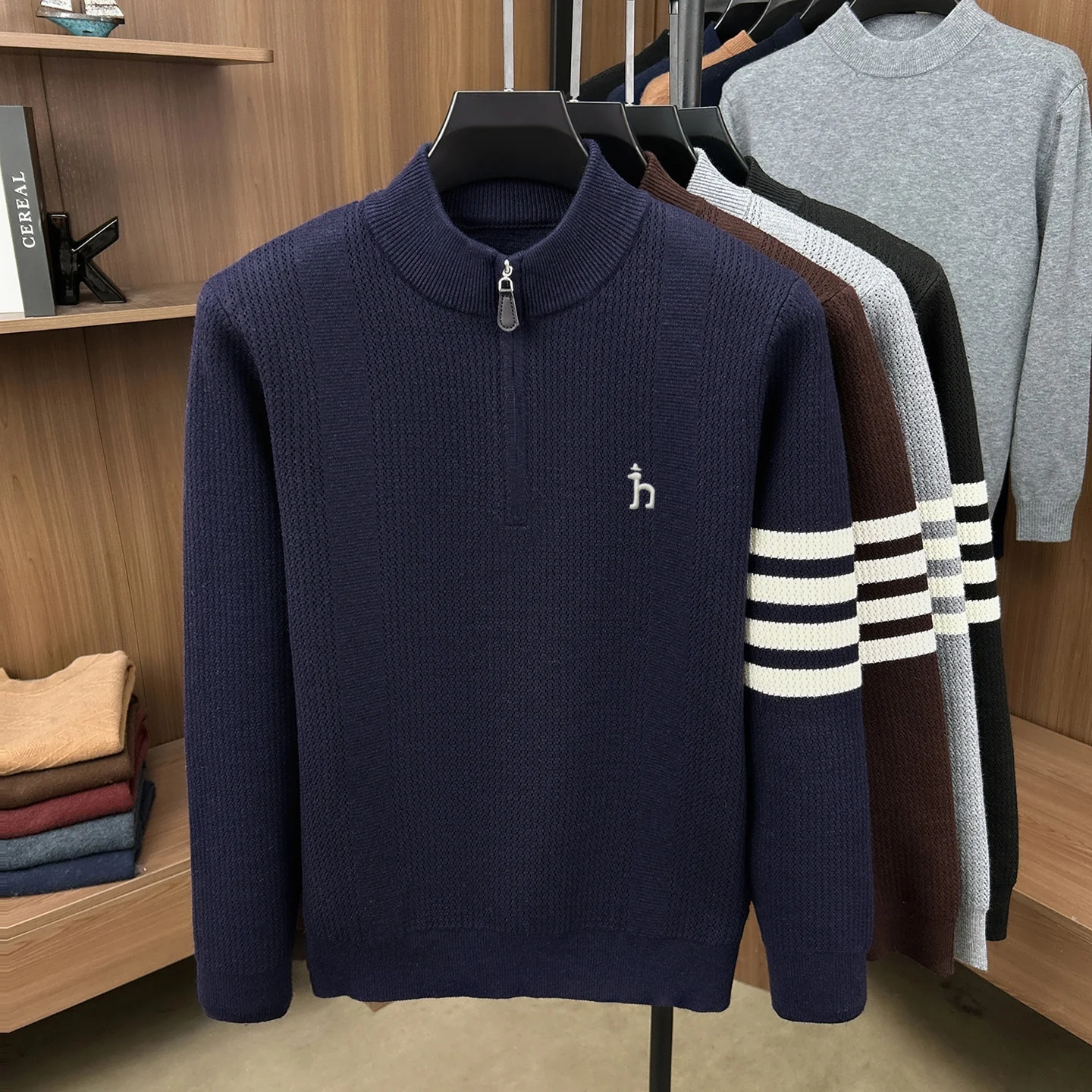 Hochwertiger Herrenpullover mit halbem Reißverschluss am Kragen, modisches Jacquard-Design, luxuriöse Marke, mit Hunde-Stickerei, lässiger Winterpullover, dick und warm gestrickt. – Detail 6