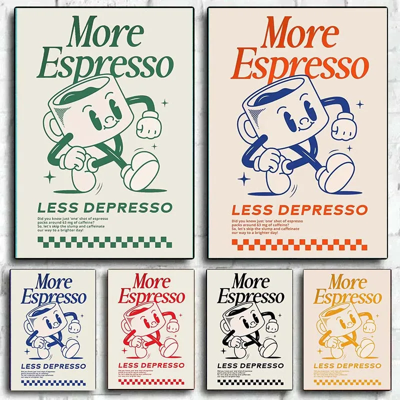 Funky Cafe Coffee Quotes Poster More Espresso Less Depresso Print Canvas Painting Wall Art Pictures for Kitchen Room Home Decor