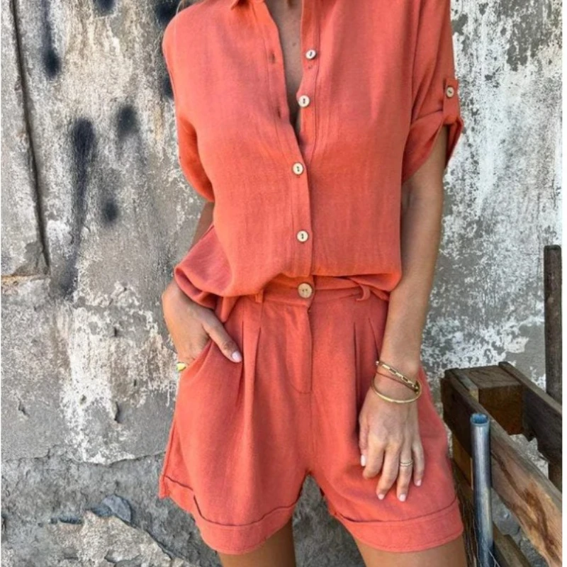 

Pant Set Women Two Piece Sets Shorts Turn Down Collar Matching Sets Y2k Streetwear Loose Shirt Tops Short Pants High Waist
