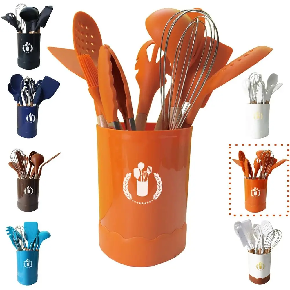 

Набор силиконовых кухонных принадлежностей, термостойкие силиконовые инструменты с деревянными ручками, ложки и венчик с подставкой