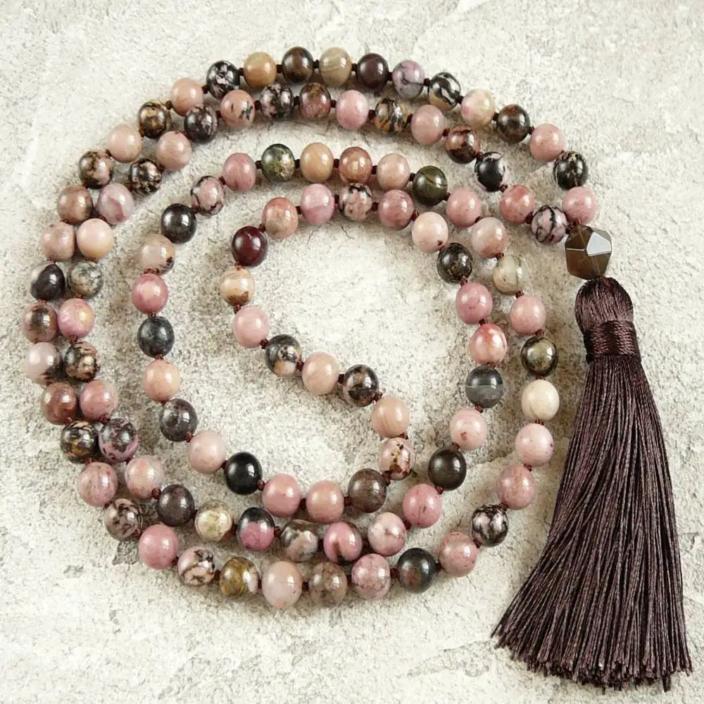 

Natural Rhodonite & Mixed Gemstone 108 Beads Mala Necklace with Brown Tassel Healing Crystal Jewelry