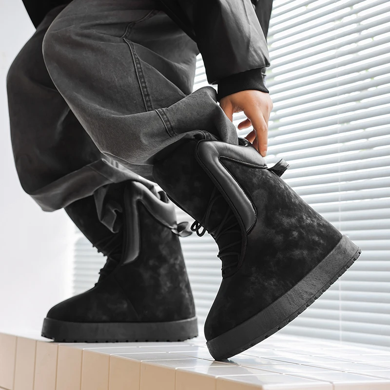 

New Round Toe Flat-bottomed Bestseller Versatile Niche Streetwear Brand Large-sized Lace-up Color-blocking Suede High-top Boots