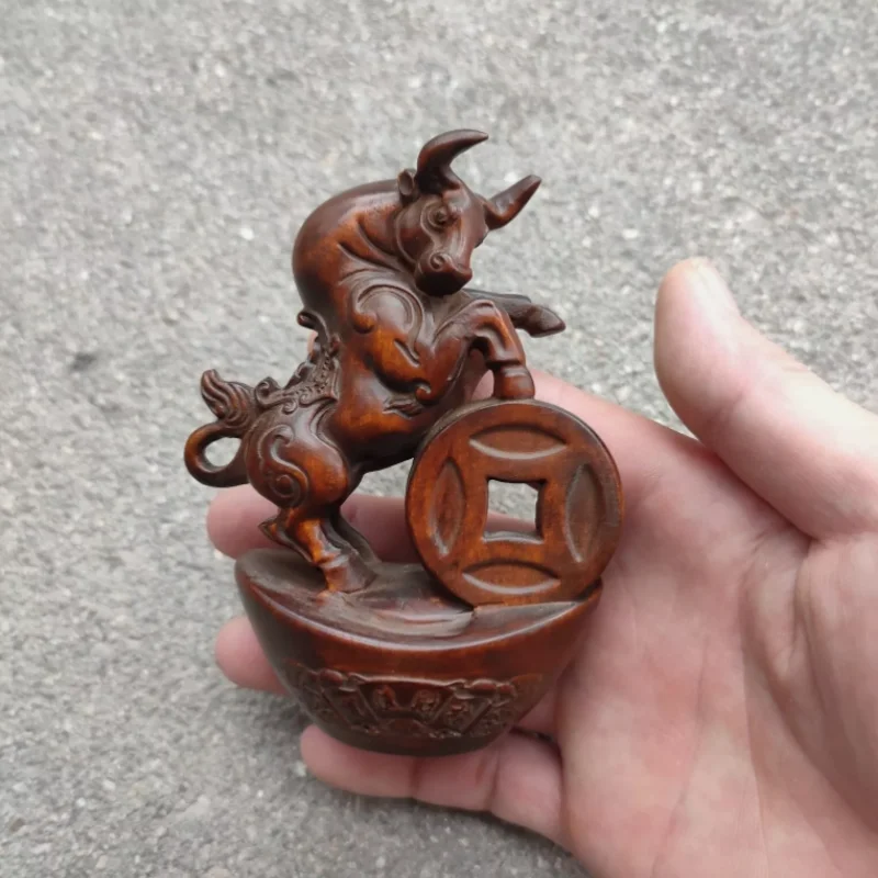 Chinese Boxwood Carving Bovine Ox Statue Animal Figurine Wealth Desk Home Decor