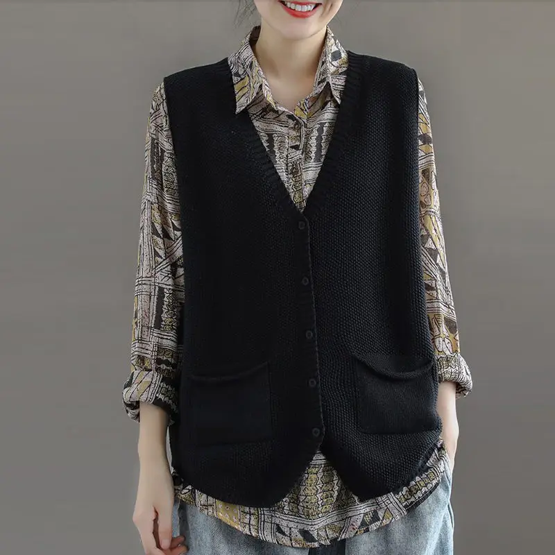 Autumn and Winter Women\'s V-neck Button Pockets Patchwork Solid Loose Sweater Fashion Casual Office Lady Sleeveless Vest Tops