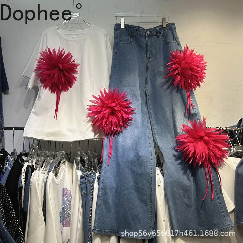

Trendy New Autumn Women Two-piece Set 3d Flowers Loose White Short Sleeve T-shirt Top + High Waist Wide Leg Casual Denim Pants