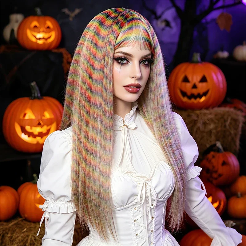Rainbow Gradient Stripe Long Straight Synthetic Wig With Bangs Colorful Hippie Women Carnival Halloween Party Festival Cosplay