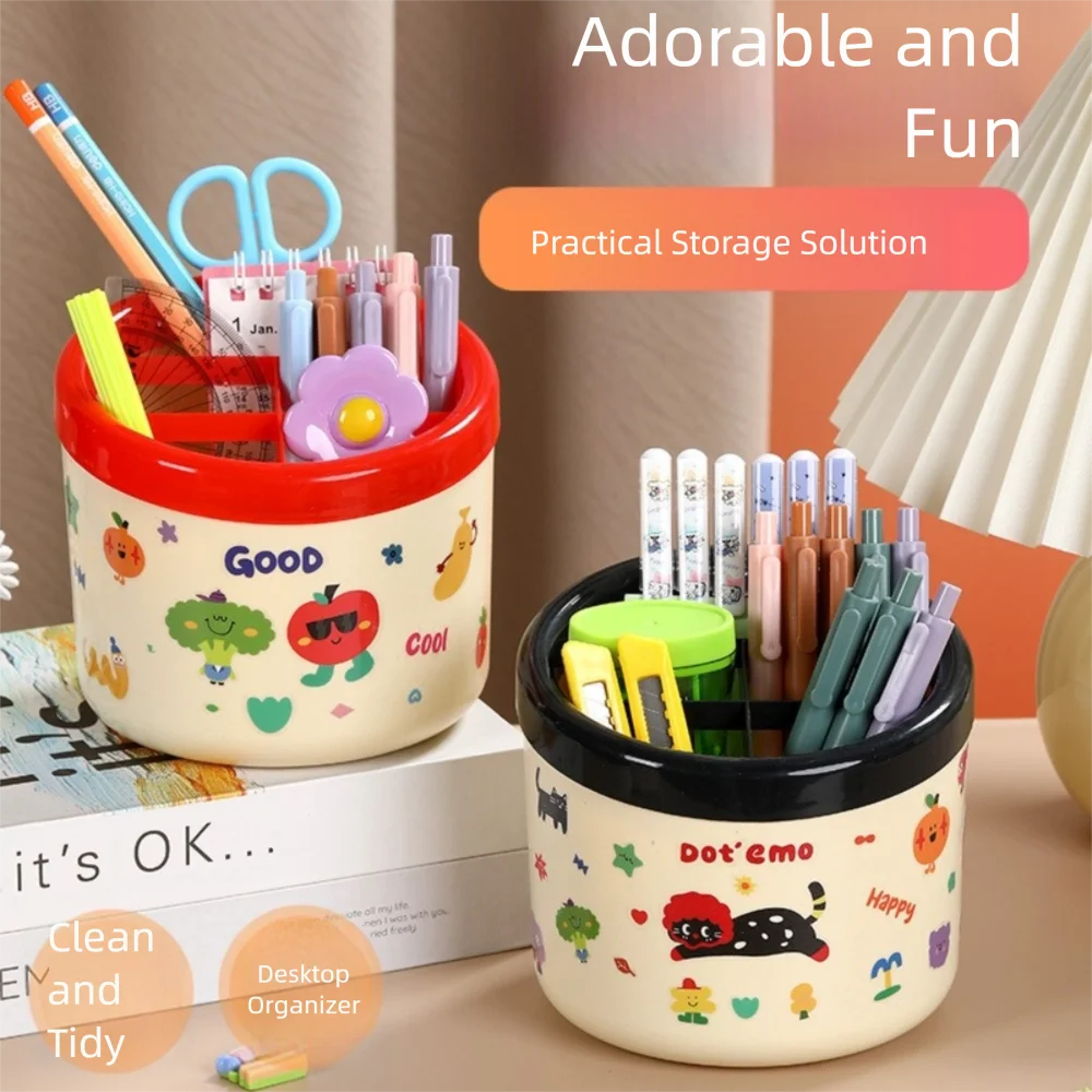 

Cartoon Pen Holder Multi Grid Dopamine Stationery Storage Box Large Capacity with Sticker Makeup Brush Organizer