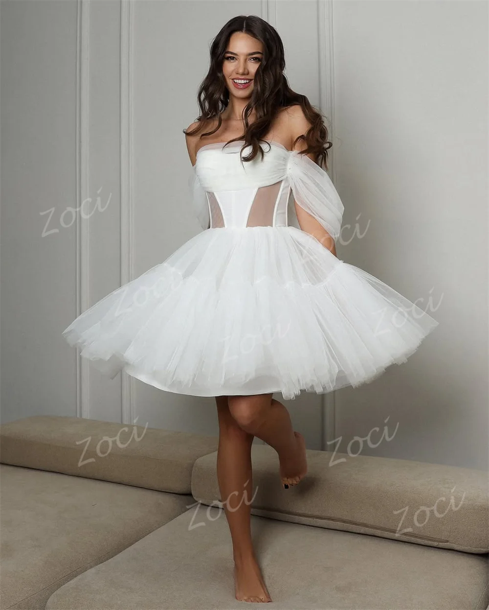 Zoci morbido tulle corto abito da sposa da spiaggia senza spalline mini una linea abiti da festa corsetto posteriore Rochie De Mireasa personalizzato