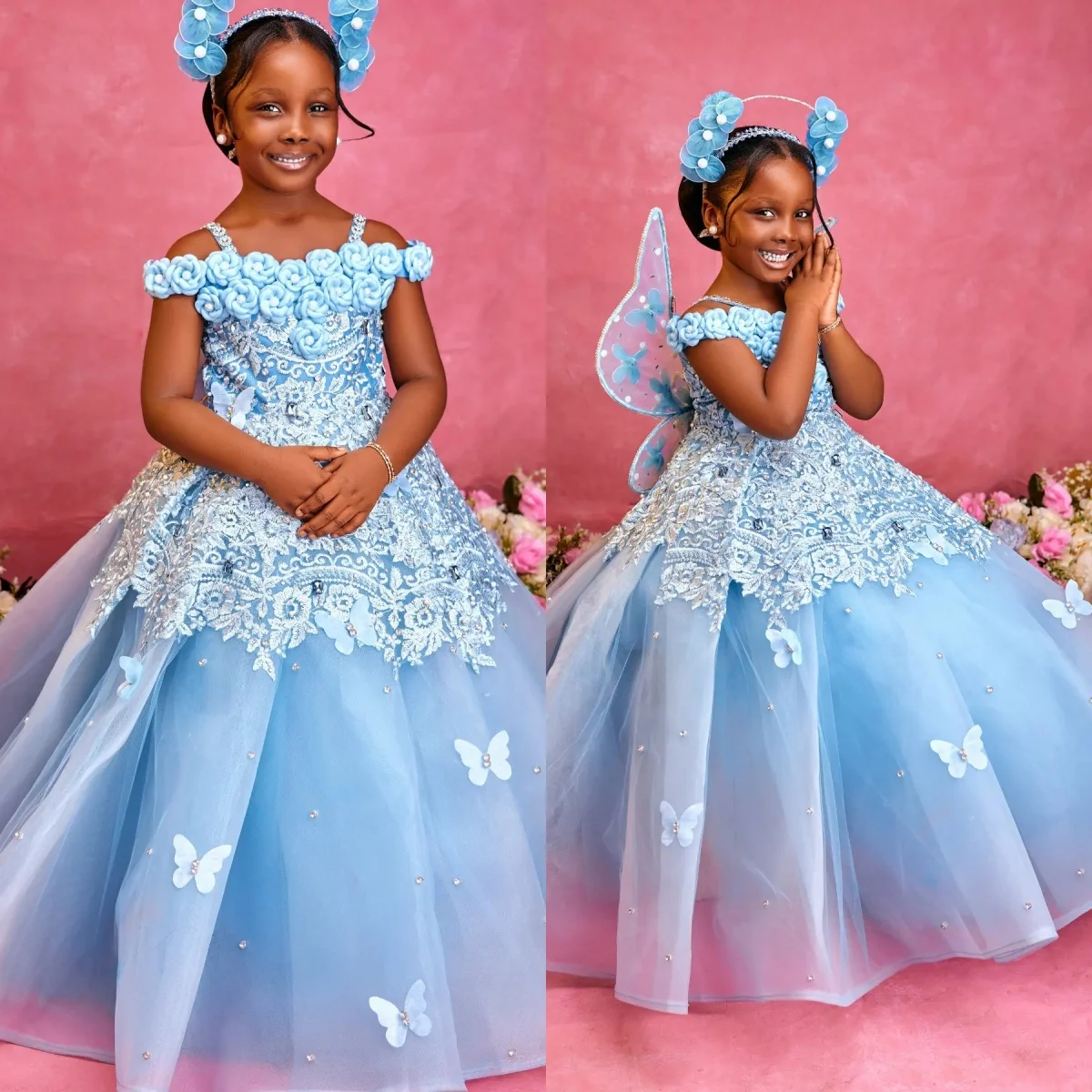 

Blue Pink Flower Girl Dresses for Wedding Floral Lace Appliques Crystal Girl Kids Birthday Party First Holy Communion Gowns