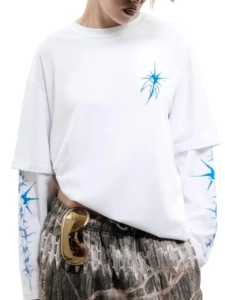 Autumn Men Clothing Streetwear Hip Hop Graphic Cotton Fake Two Oversized T-shirts Korean Long Sleeve Bright Side Print Y2k Top