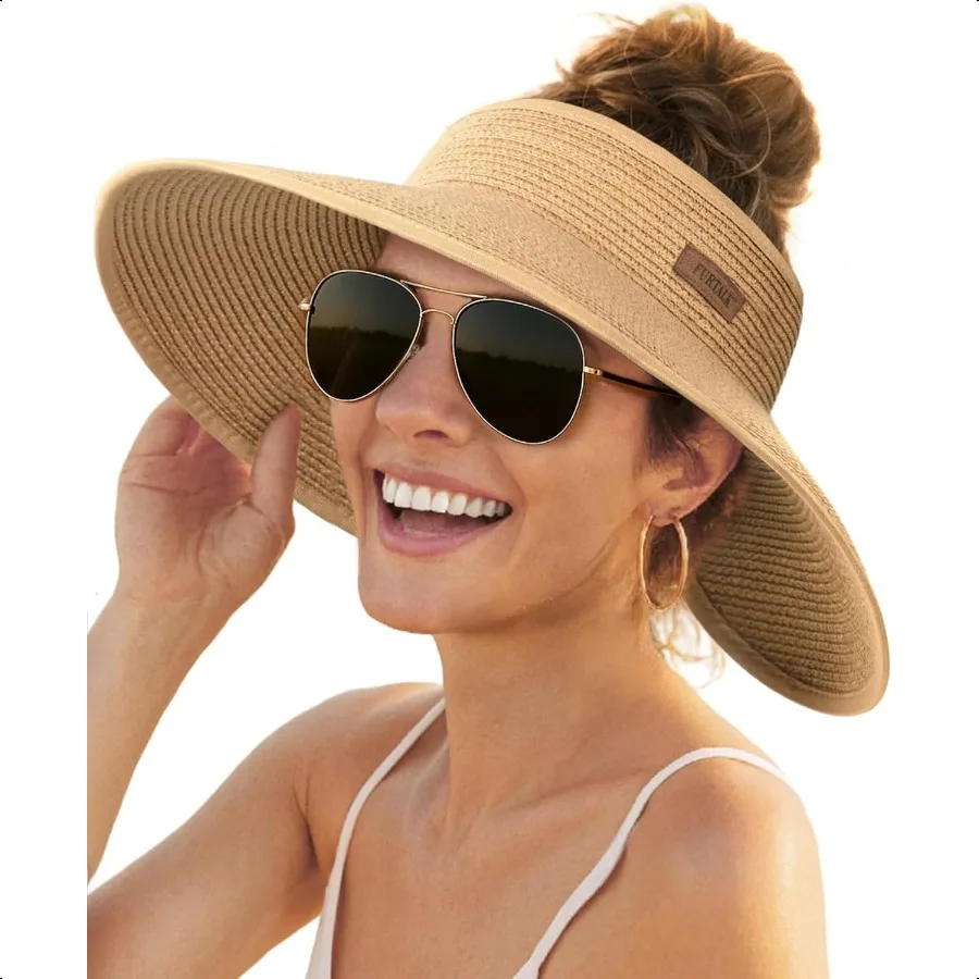 

Sun Hats for Women Wide Brim Beach Hat Straw Visor Ponytail Summer UV Packable Foldable Beach Vacation entials