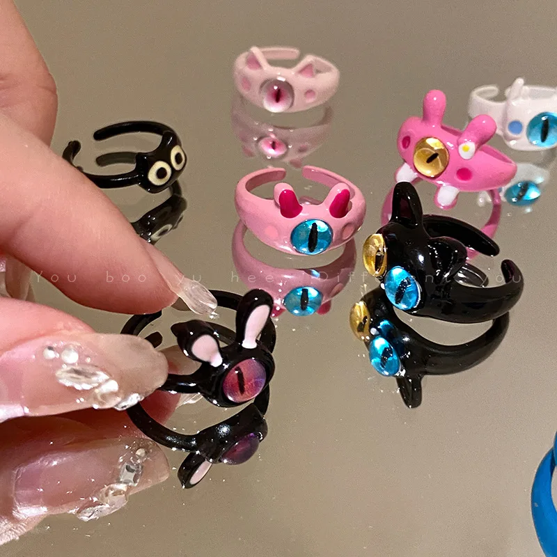 Kiss Jewelry Women Funny Monster Eyes Rings Cute Animals Two Color Cat Eyes Opening Y2K Finger Ring Sweet Kpop Accessories 2023